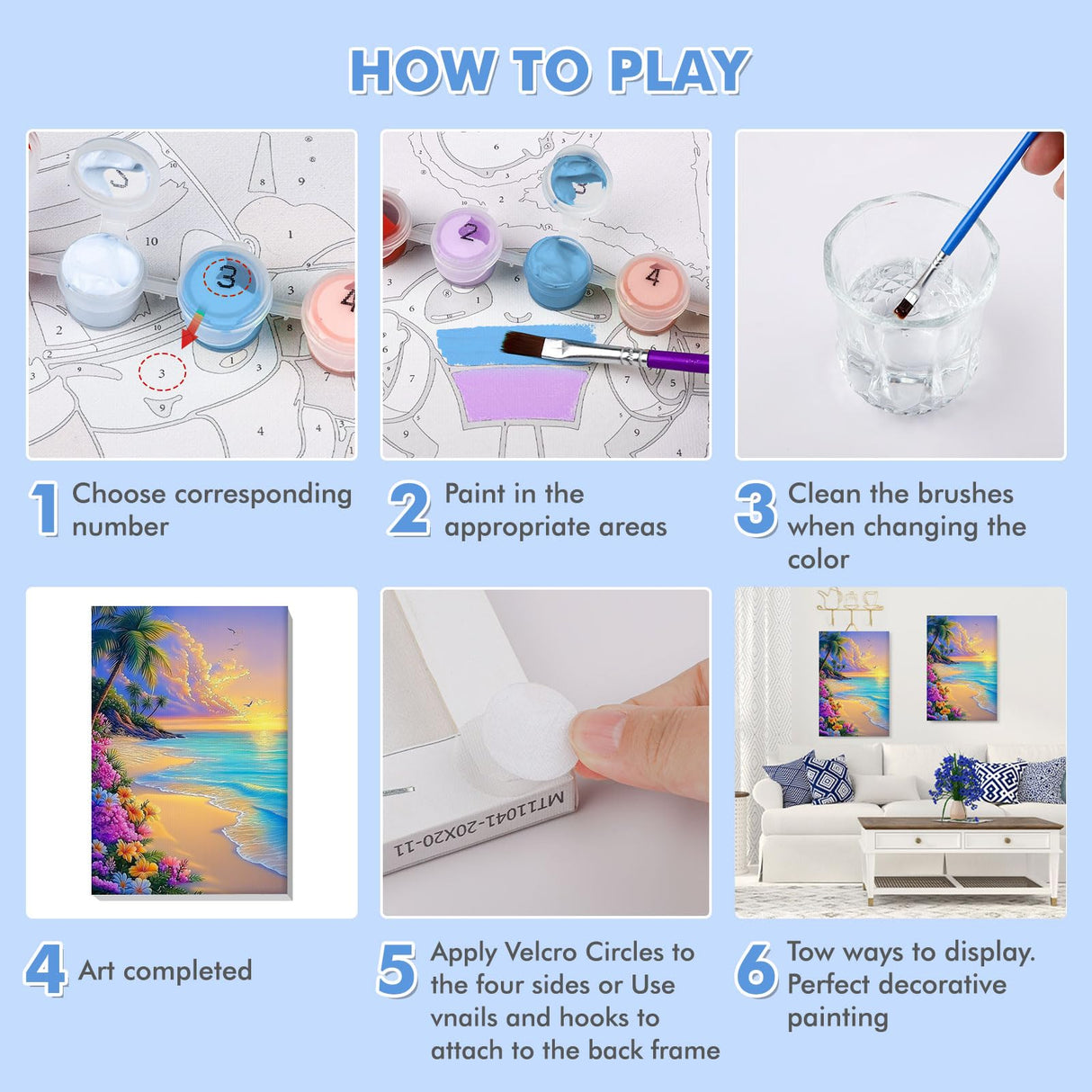 Bowetile Framed Paint by Numbers Sea for Adults Beginners, Adults' Paint-by-Number Landscape Kits, Easy Adult Paint by Number Kits on Canvas, Acrylic Number Painting for Home Decor, 8x12in Bowetile