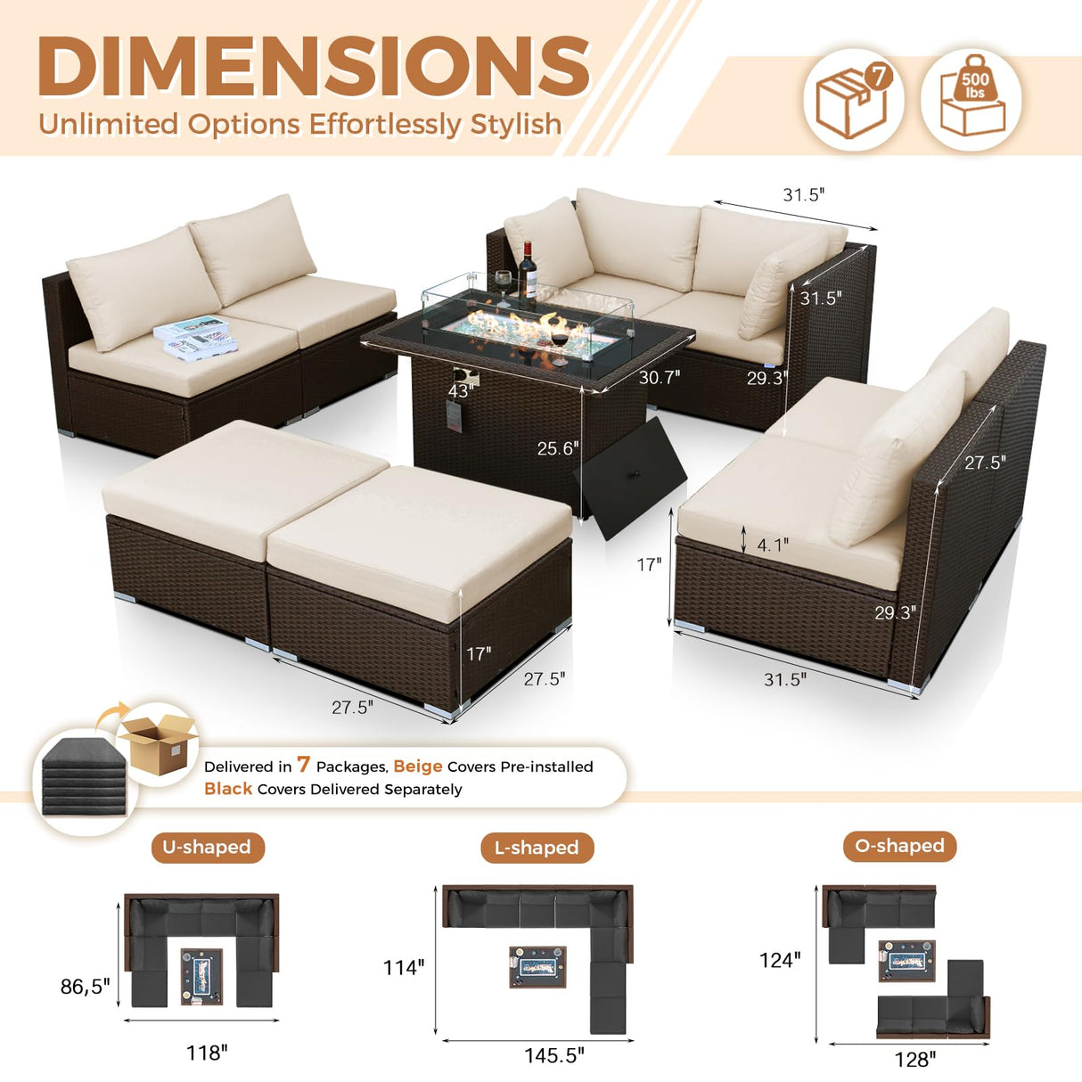 BULEXYARD 9 Piece Highback Patio Furniture Set with Fire Pit Table, Modern Modular Outdoor Sectional Couch Sofa with Ottoman, 8-Person Backyard Seating for Outside, Deck, Brown Wicker & Black Cushion BULEXYARD