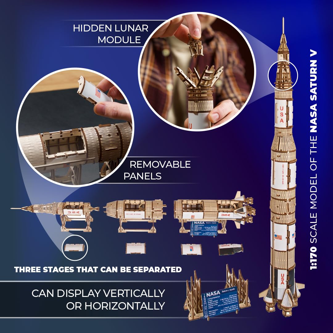 UGEARS NASA Saturn V Model Rocket Kit - Space Ship Model Kits for Adults - 3D Wooden Space Shuttle Building Puzzles - Rocketship Spacecraft 3D Wood Puzzle UGEARS