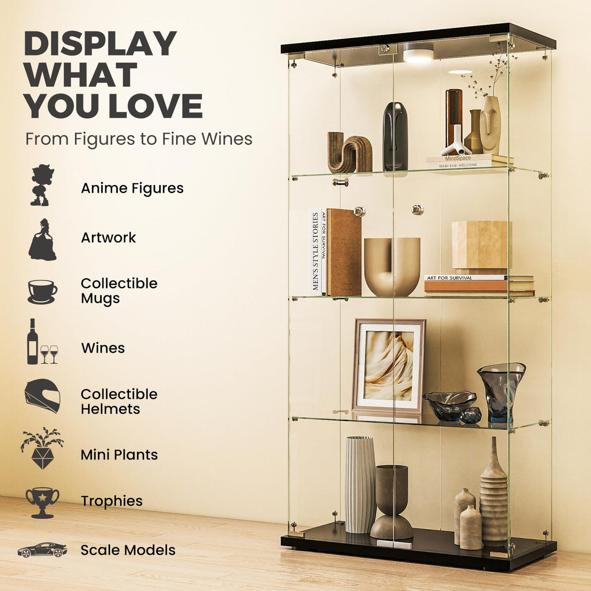 HAMBING Glass Display Cabinet with LED Lights and Lock, 4-Shelf Tempered Glass Curio Cabinet with 2 Doors, Collectible Display Showcase for Living Room, Bedroom – Black HAMBING