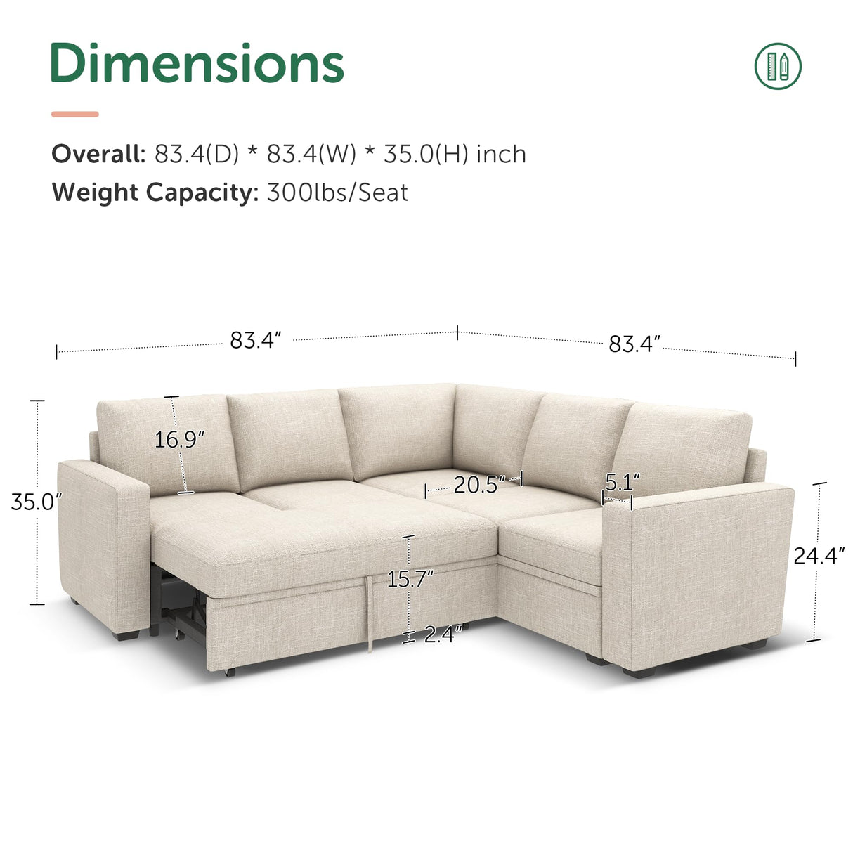 HONBAY Modular Sectional Sleeper Sofa with Pull Out Bed, L Shaped Sectional Couch with Storage Seat, Convertible Sectional Couches for Living Room, Beige HONBAY