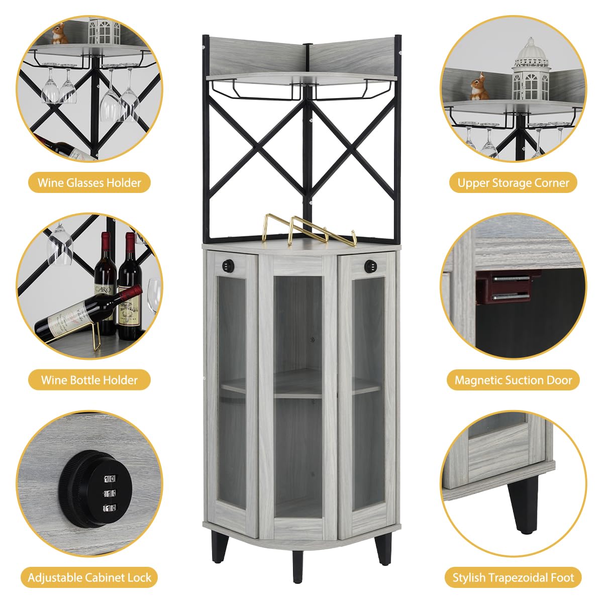 COCO DESIGN Corner Wine Cabinet with Locking Door, Lockable Liquor Bar Cabinet with Light, Whiskey Bar with Glass Door Storage for Home Kitchen, Farmhouse, 2 Glass Holders & 2 Wine Holders, Gray COCO DESIGN