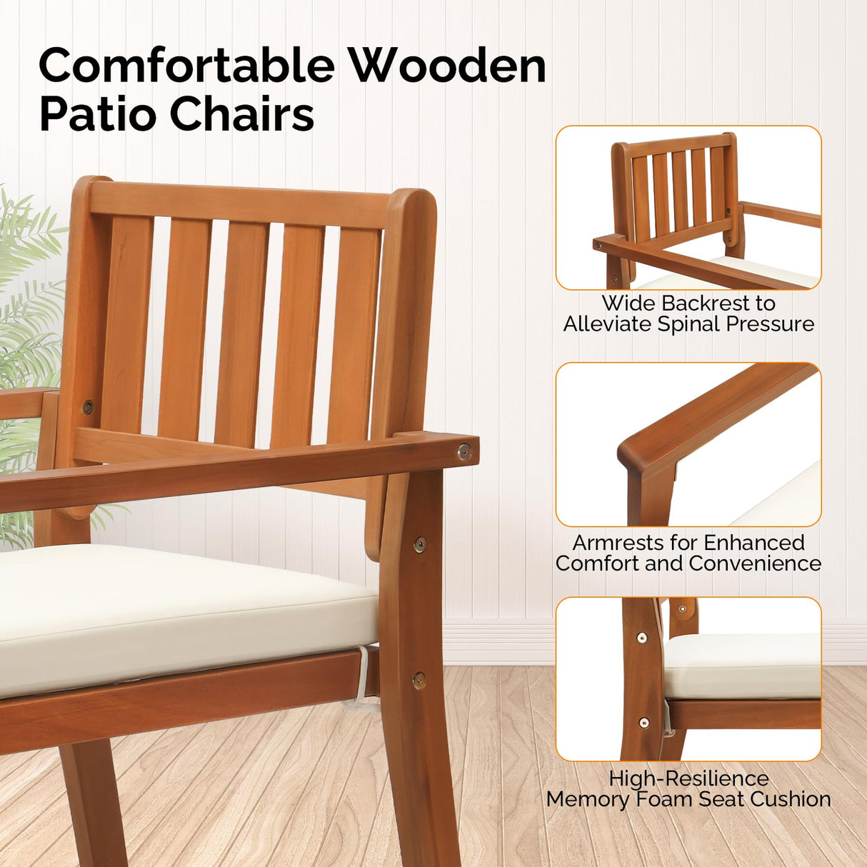 VINGLI Stackable Wooden Patio Dining Chairs – Set of 4, Durable Acacia Wood Outdoor Dining Chairs with Cushions and Comfortable Armrests – Perfect for Porch, Garden, Balcony, Pool, and Indoor VINGLI