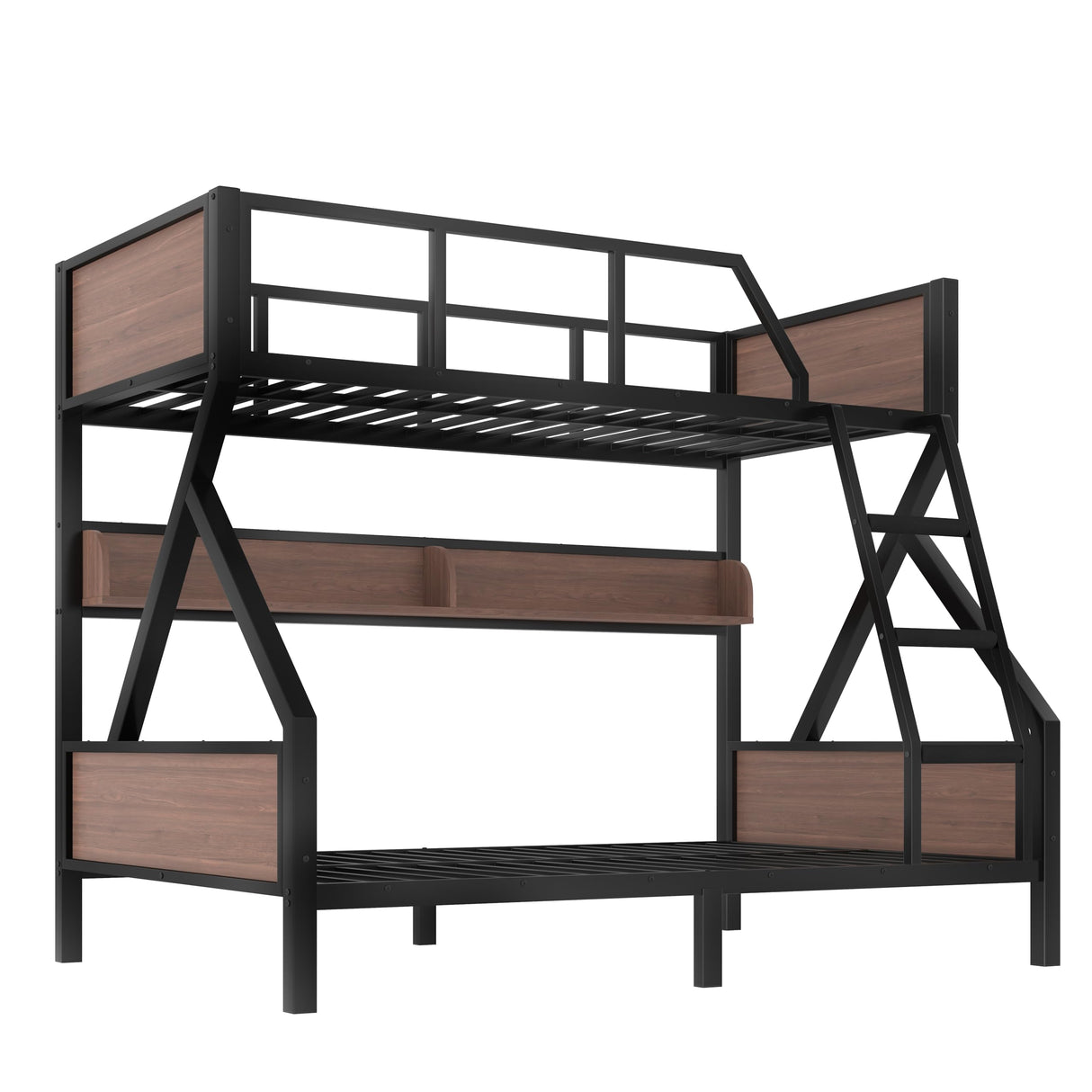 Bellemave Bunk Beds Twin Over Full Size with Storage Shelves & LED Light, Metal Twin Over Full Bunk Bed Frame with Wood Board & Sturdy Slats, Heavy Duty Bed Frame, Noise Free, Black Bellemave