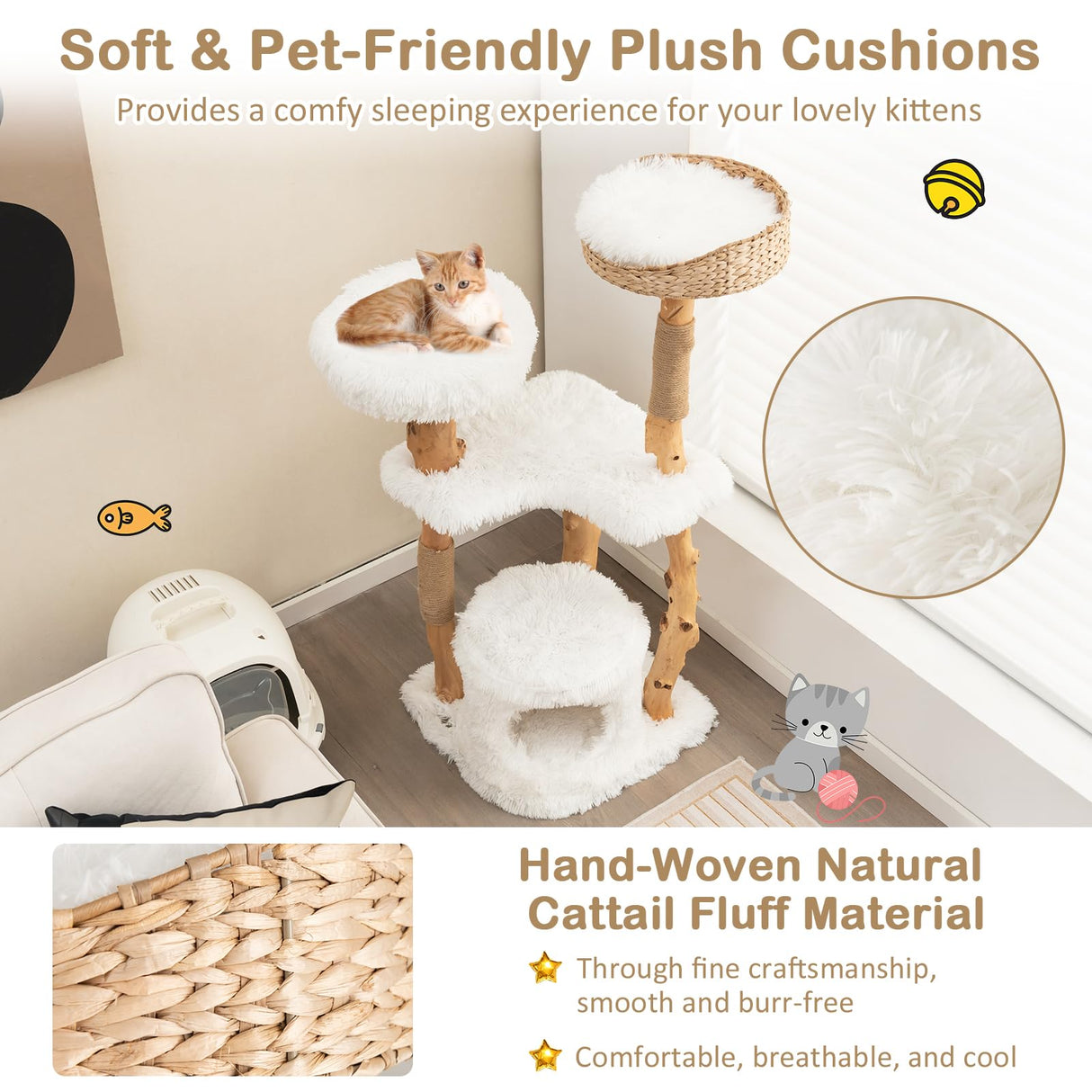 PETSITE 49" Tall Wooden Cat Tree, Solid Wood Cat Tower with Jute Scratching Posts, Cat Condo, Cattail Fluff Top Perch, Multi-Layer Cat Activity Center, Modern Cat Climbing Furniture for Indoor Cats PETSITE