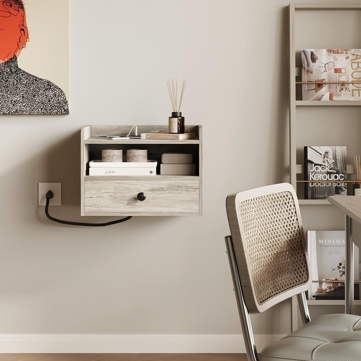 Grey Floating Nightstand Set of 2 with Charging Station and Drawer Small Bedside End Table with Outlet Modern Floating Night Stand for Bedroom Wood Wall Mounted Nightstands Set 2 Grey HOSEOKA