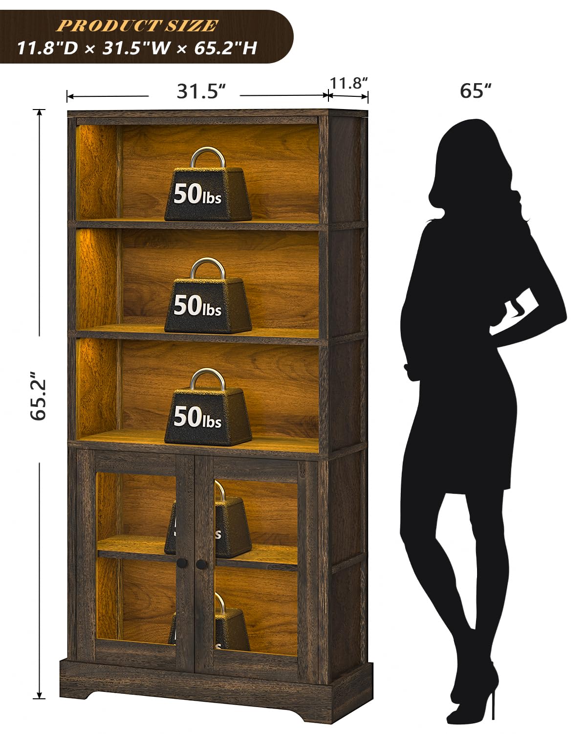 TVU 5-Tier Bookcase with Cabinet & LED, Wood 65 Inch Tall Bookshelf with Storage, Floor Standing Display Book Shelf for Living Room, Office, Study, Entryway (Rustic Brown) TVU