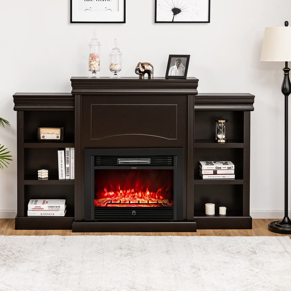 Tangkula 70" Mantel Fireplace, 750W/1500W Electric Fireplace w/Mantel & Built-in Bookshelves, 28.5-Inch Fireplace w/Remote Control, 1-8H Timer, Adjustable Flame Brightness & Color (Espresso) Tangkula