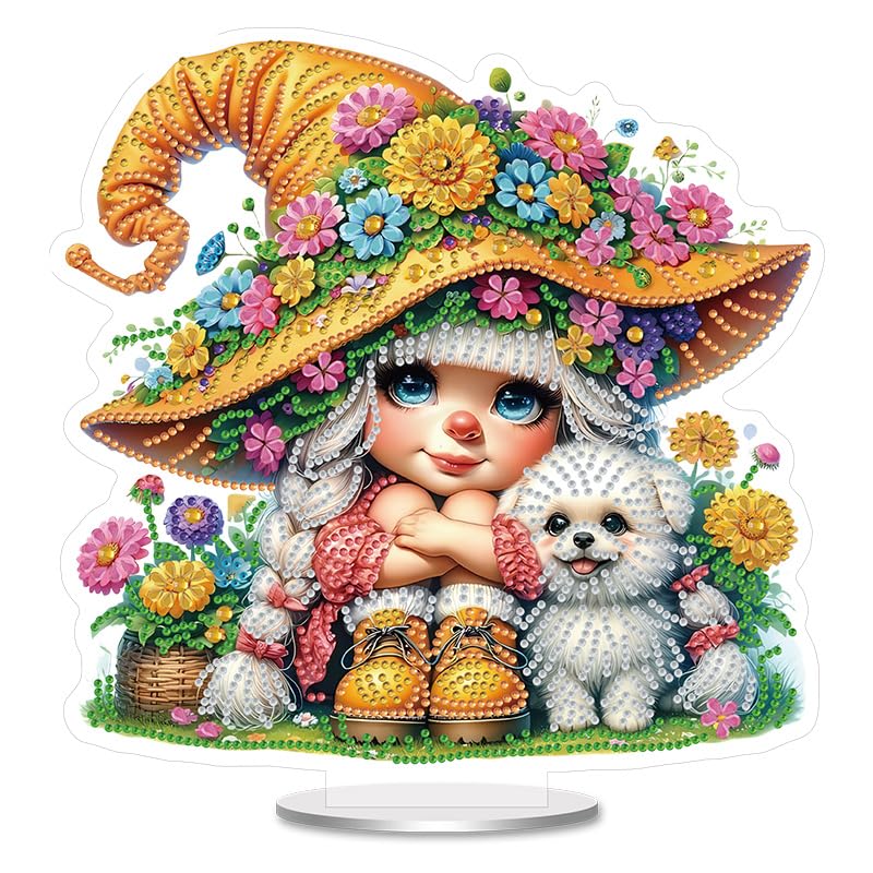 Cute Little Girl and Dog Diamond Painting Desktop Ornament Kit, 5D DIY Acrylic Crystal Special Shaped Tabletop Kawaii Diamond Art Home Decor for Adult (ZS08) WoodArtSupply