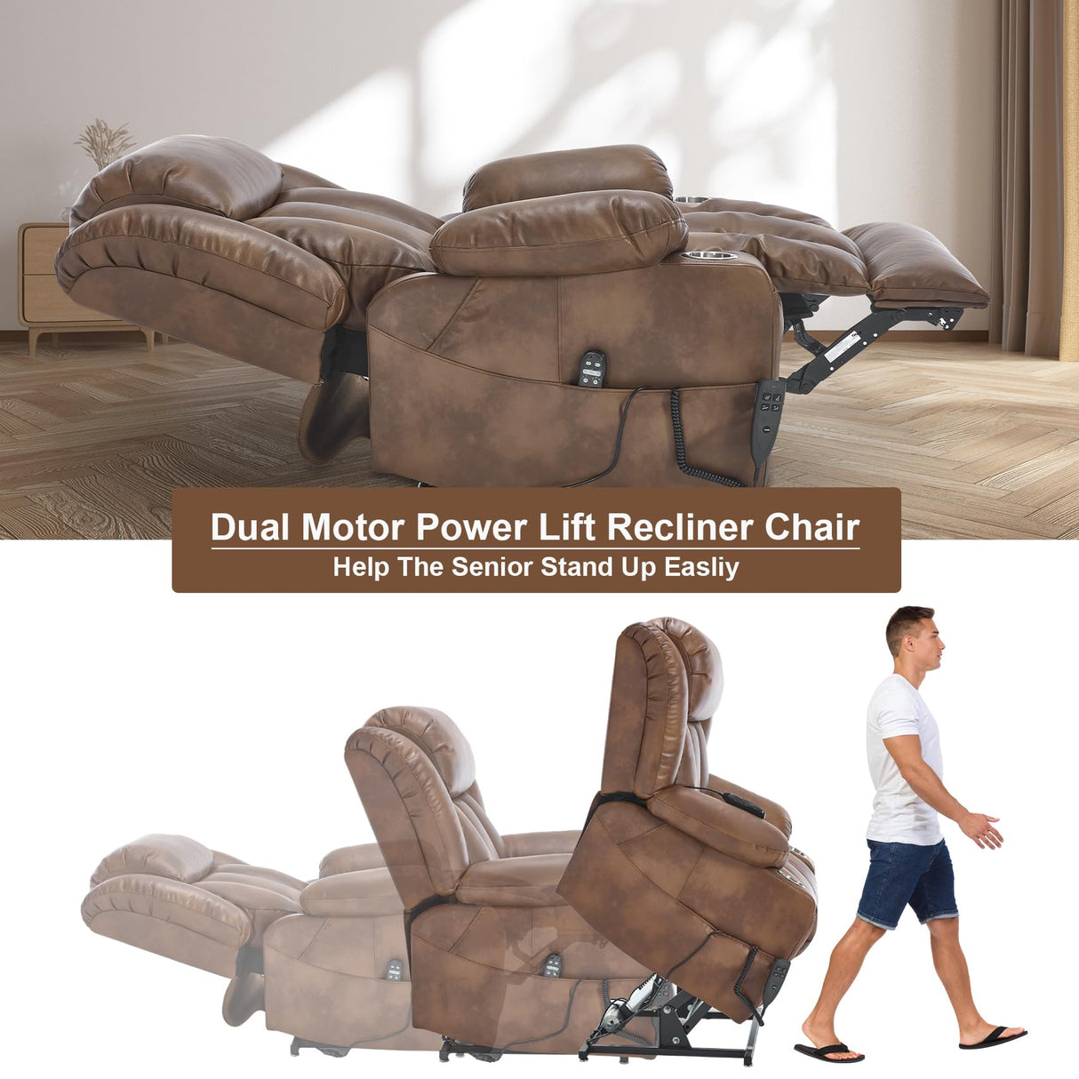 RHHVVR Electric Lift Chair Oversized, Dual Motor Power Lift Recliner Faux Leather Sofa with 8-Point Vibration Massage and Lumbar Heating, Stainless Steel Cup Holders for Elderly, Medium-Firm, Brown RHHVVR