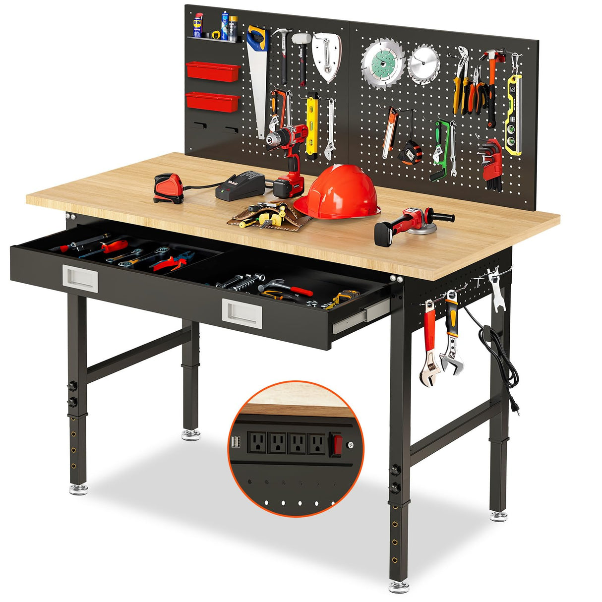 MUWOOD 60" Workbench with Drawers, Adjustable Height Work Bench 2000 LBS Heavy-Duty Work Table Rubber Wood Work Station with Power Outlet & Pegboard for Garage, Office, Workshop, Home, Party Shop MUWOOD