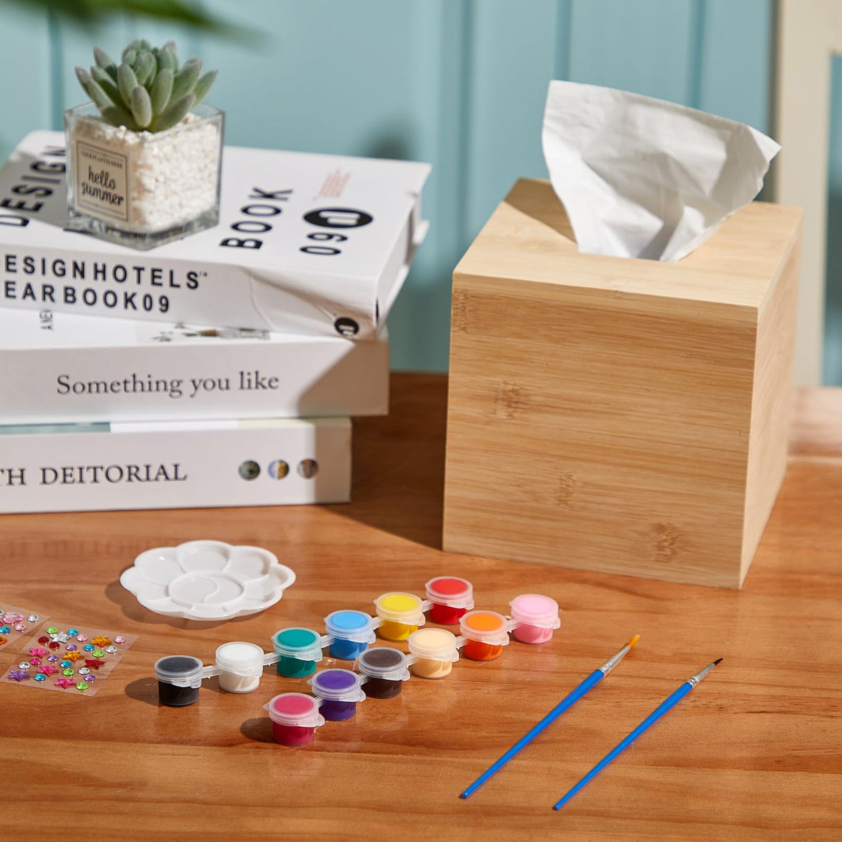 Weysat Unfinished Tissue Box Cover 5. 7 Inch Bamboo Wood Square Tissue Box Holder with Open Bottom with 2 Brushe 1 Paint Tray 12 Paint 2 Diamond Sticker for DIY Bathroom Bedroom Table Office Art Craft Weysat