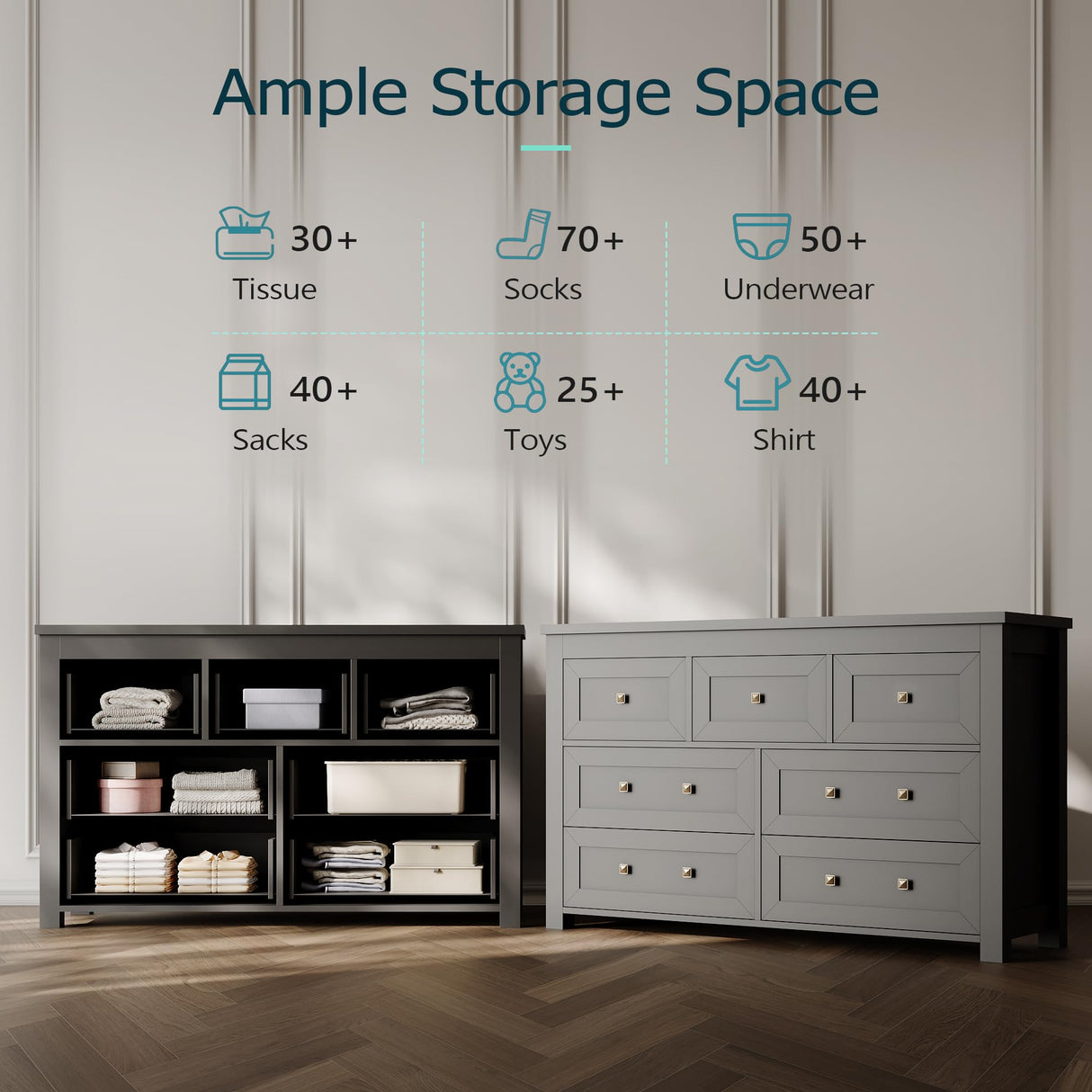 7 Drawer Dresser for Bedroom, Farmhouse Wood Chest of Drawers, Wide TV Stand Closet Storage Furniture with Metal Handle, Modern Wooden Clothes Organizer for Hallway, Living Room, Entryway, Black Xixini