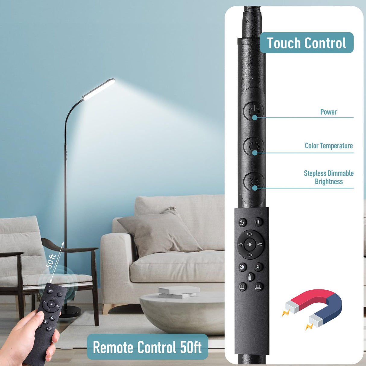 marctronic Floor Lamp, 18W 1800LM Super Bright LED Floor Lamp with Remote & Works with Smart Plug, Dimmable Timing Eye Caring Reading Lamps Floor Standing for Living Room Bedroom Office marctronic