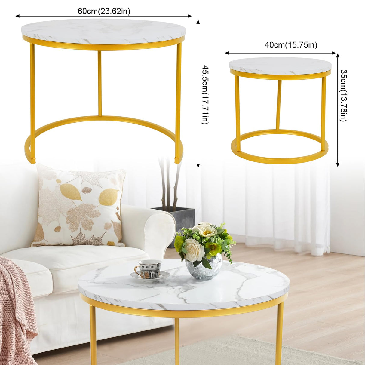 Round Nesting Coffee Tables Set: White Gold Marble Nesting Coffee Table Set of 2 - Modern Metal Stacking Side Table for Living Room Small Spaces Paradmas