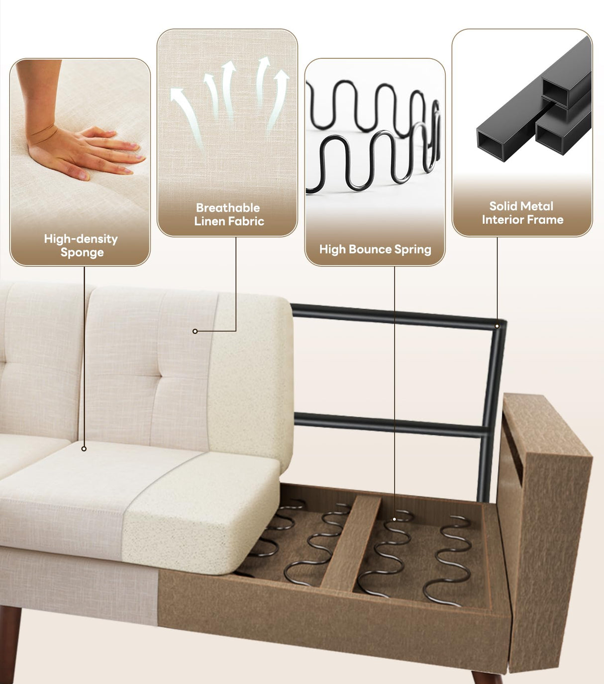 Tbfit L Shaped Couch Sofa, 80" W Mid-Century Modern Sectional Couches, 3 Seater Sofas with Wide Chaise Lounge & Two Pillows,Button Tufted Upholstered Sectional Sofa for Living Room, Bedroom, Beige Tbfit