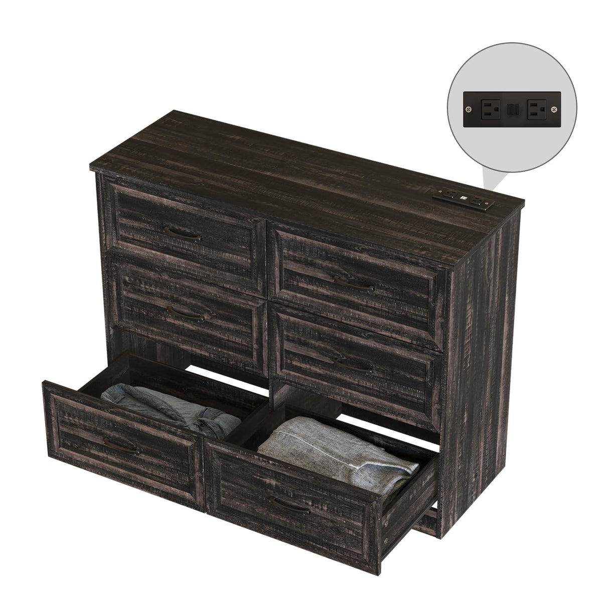 Fameill Dresser for Bedroom, 6 Drawer Wide Dressers Organizer with Charging Station for Hallway with Metal Handles, Dark Brown Fameill