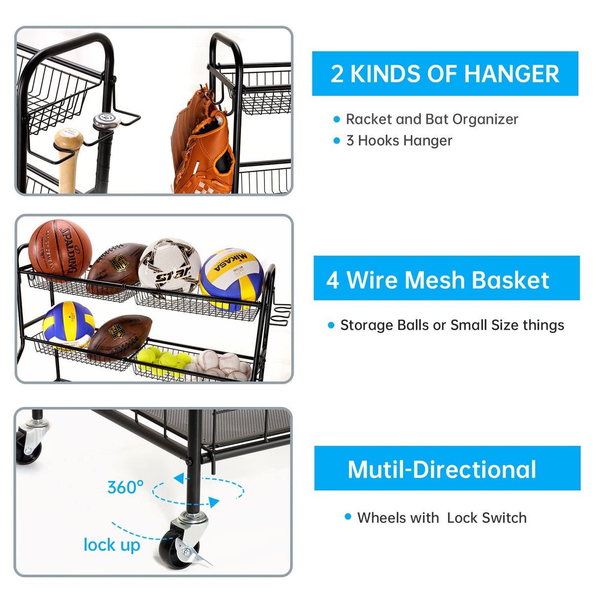 Kinghouse Garage Sports Equipment Organizer, Ball Storage Rack, Toy Storage, Nerf Gun Organization on Wheels for School, Garage, Black, Steel (Black) Kinghouse