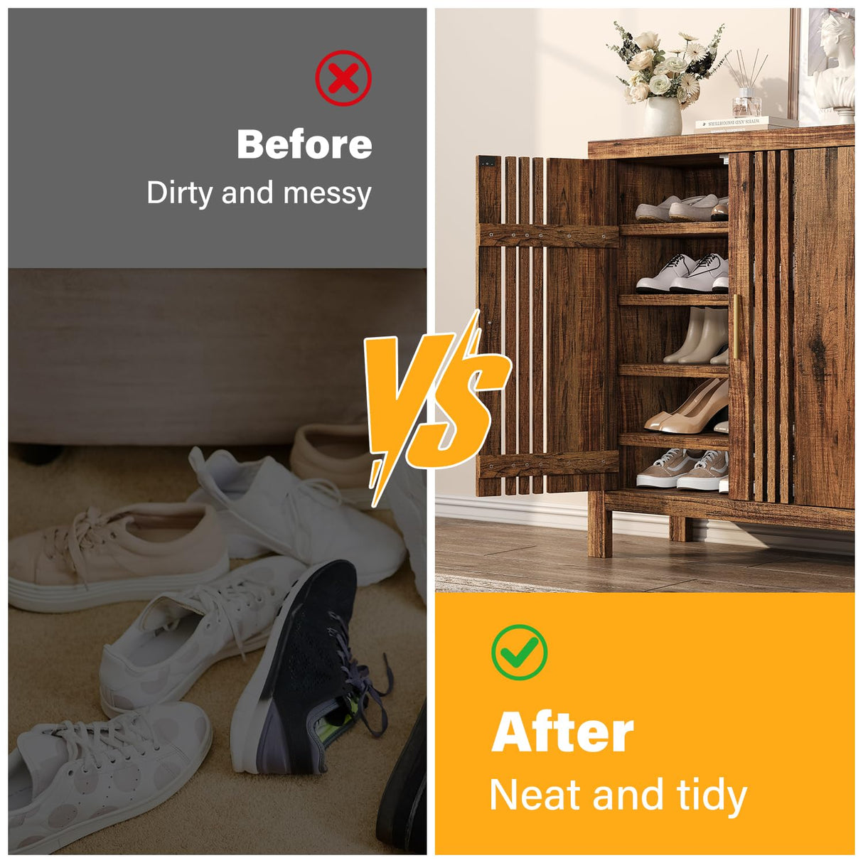 UNIQUITE Wooden Shoes Cabinet with Adjustable Shelves, Retro Freestanding Shoe Organizer Cabinet for Entryway Hallway Living Room, 5-Tier Shoe Cabinet with Doors for 20 Pairs, Dark Walnut UNIQUITE