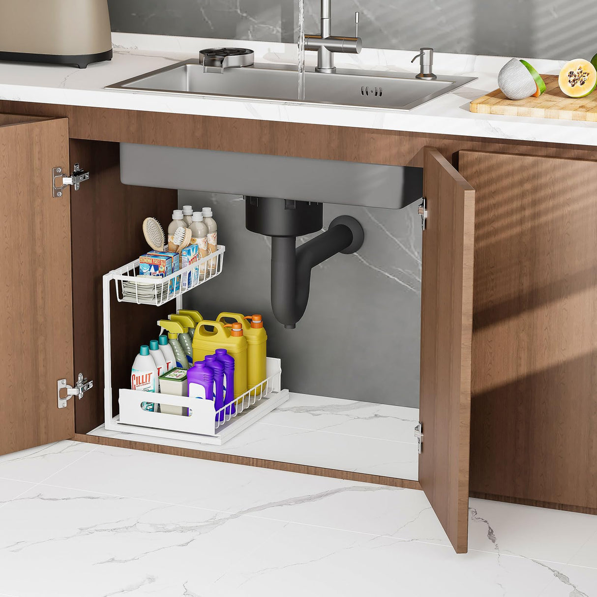 Ceetug Under Sink Organizers and Storage 2 Tier Slide Out Kitchen Cabinet Organizer Sturdy Metal Bathroom Storage (White, 1 Pack) Ceetug