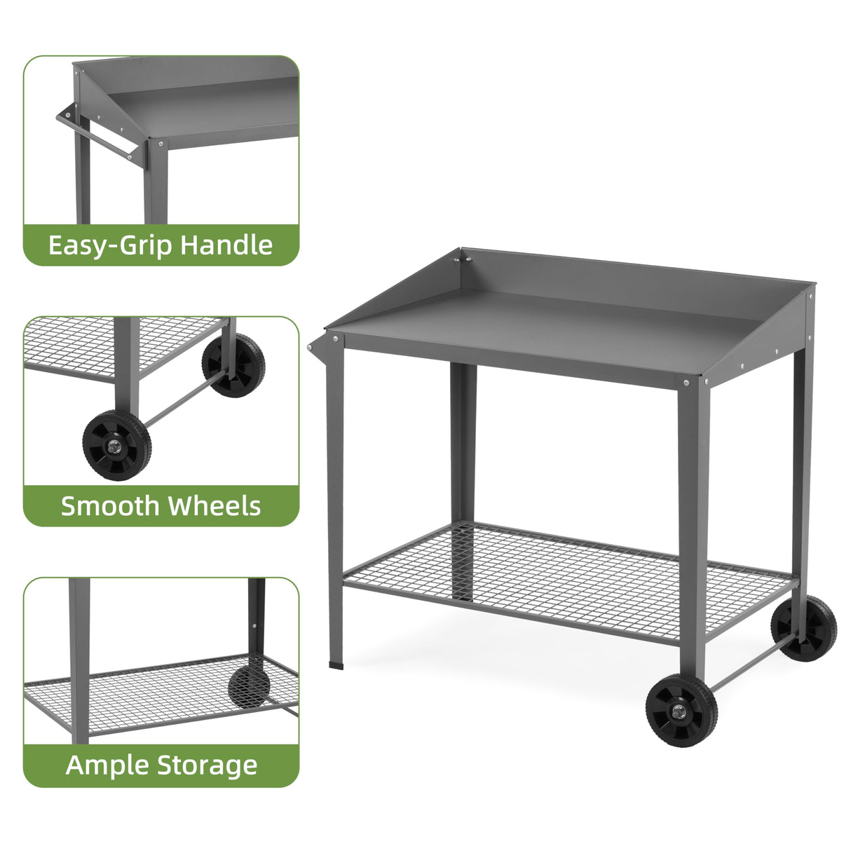 Outdoor Metal Potting Bench with Wheels, Heavy Duty Garden Workbench Table with Storage Shelf (Dark Gray, 36"x38.8") DDK