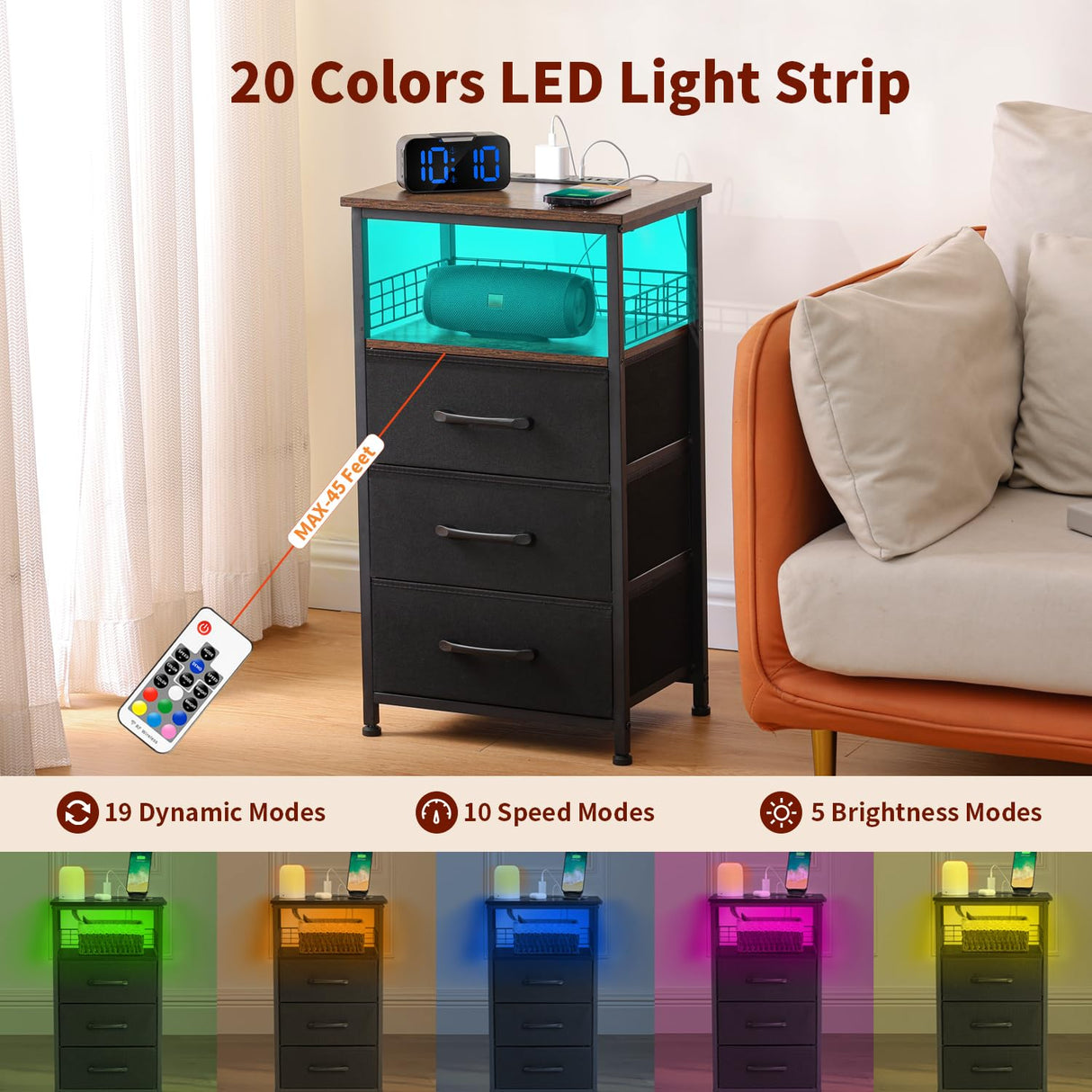 LAKEMID Night Stand Set 2 with Charging Station, Nightstands Set of 2 with 20 Colors LED Light Strip 3 Drawers, Side Tables Bedroom End Table with USB ports and Outlets for Living Room (Rustic Brown) LAKEMID