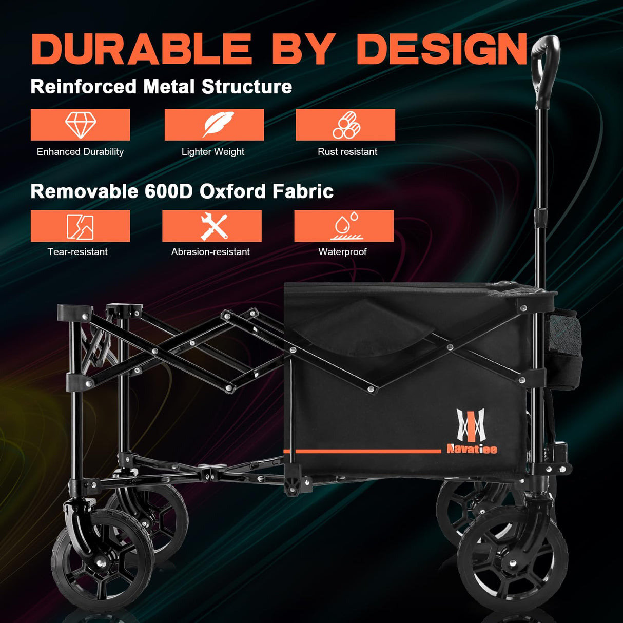 Navatiee Collapsible Folding Wagon, Wagon Cart Heavy Duty Foldable with Two Drink Holders, Utility Grocery Wagon for Camping Shopping Sports, S2, Black Navatiee