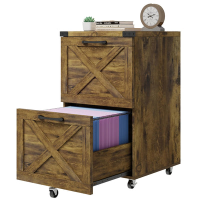 Farmhouse File Cabinet with 2 Drawers, Vertical Filing Cabinet on Wheels Under Desk for Letter/A4 Size Hanging Files, Rolling File Cabinet Printer Stand for Home Office, Rustic Brown