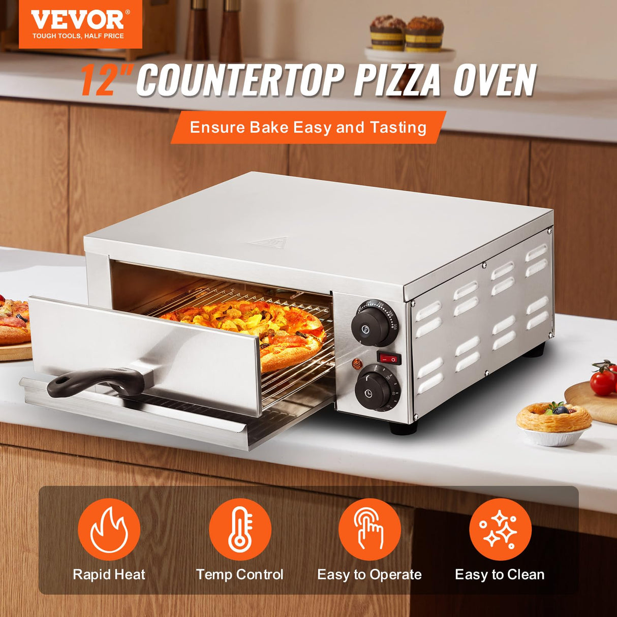 VEVOR Electric Pizza Oven for Countertops, 12-inch, 1500W, with Temp Control & 0-120 Min Timer, Even Baking Technology & Easy Clean Crumb Tray, Ideal for Both Commercial & Home Kitchens VEVOR