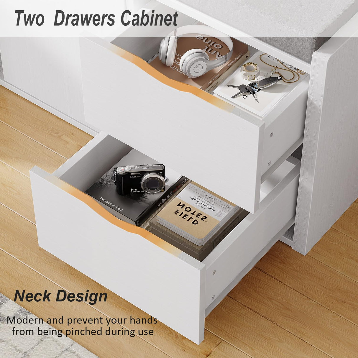 LVB Storage Entryway Bench, Long Shoe Bench with Drawers Storage Shelf, Modern Entry Way Bench with Padded Cushioned Seating, Wood Shoe Rack Bench for Foyer Entrance Living Bedroom, White Oak, 40in LVB