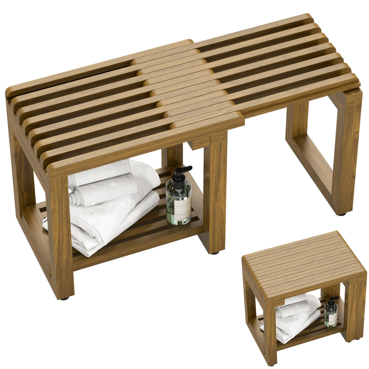 Adjustable Shower Benches for Inside Shower Length 26.4'', Acacia Wood Shower Bench Waterproof, 440lbs Bathroom Bench with Storage for Shaving Legs Spa Sauna, Shower Chair for Adults Seniors Elderly WXCOPON