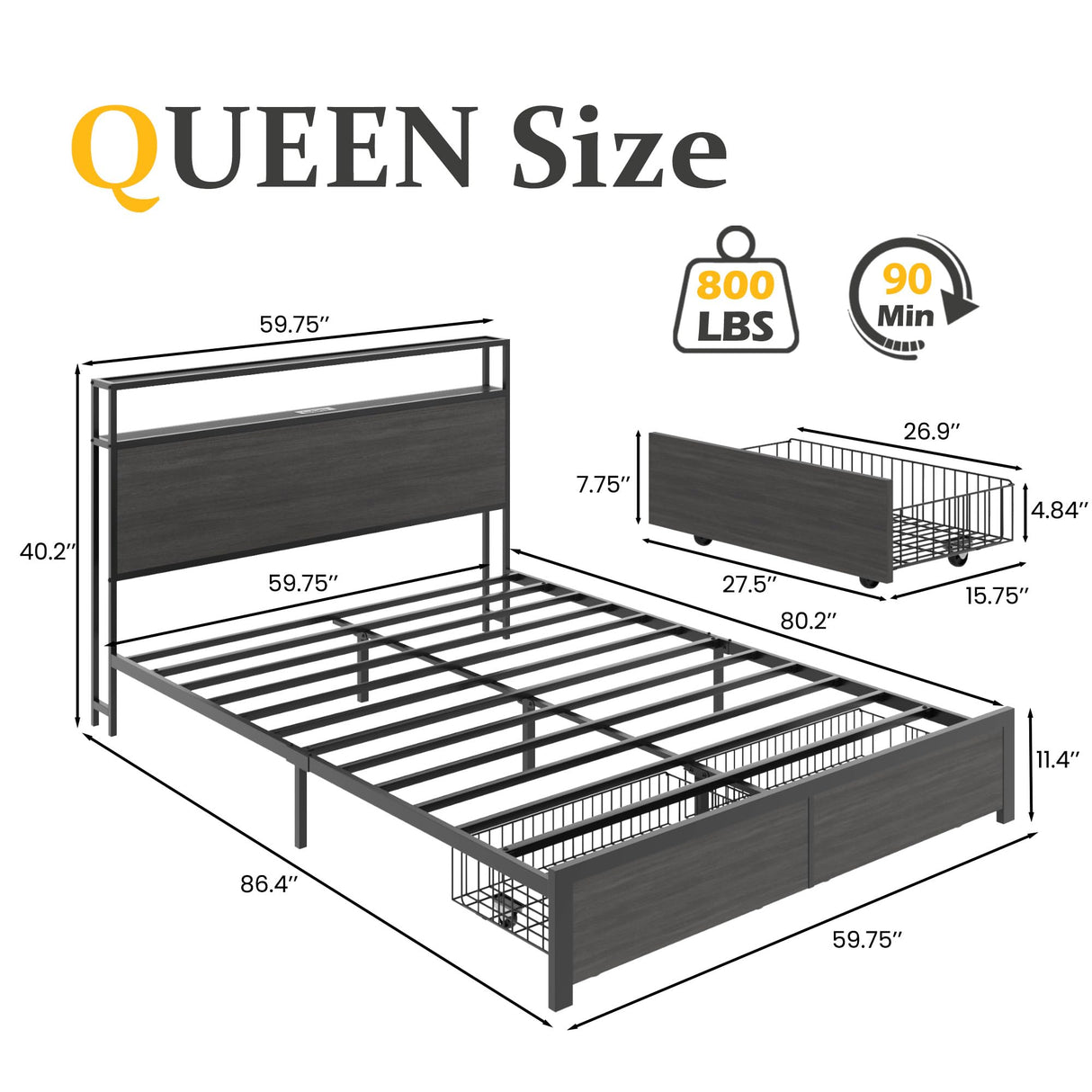 Lifezone Queen Bed Frame with 2-Tier Storage Headboard, Metal Bed Frame with Storage Drawers & Built-in Charging Station & LED, Noise-Free, No Box Spring Needed, Easy Assembly, Rustic Grey Lifezone