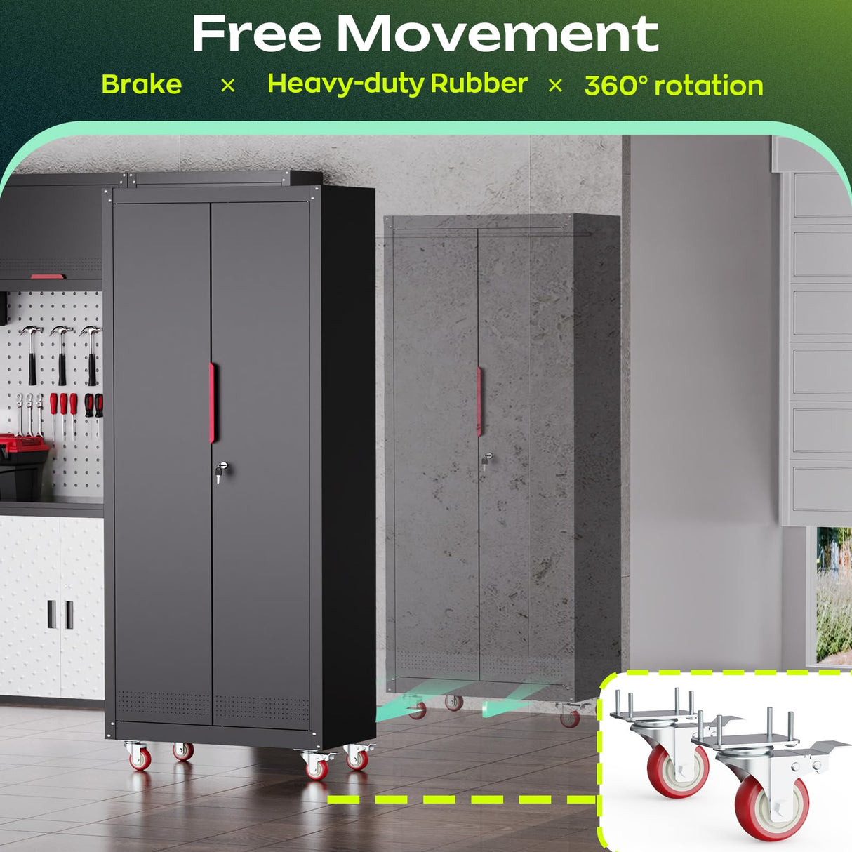 Kelueo 71" H Metal Garage Storage Cabinet with Wheels, 4 Adjustable Shelves & Locking Doors – Steel Tool Cabinet for Home,Basement,Utility Room – Garage Cabinets and Storage System, Black Kelueo