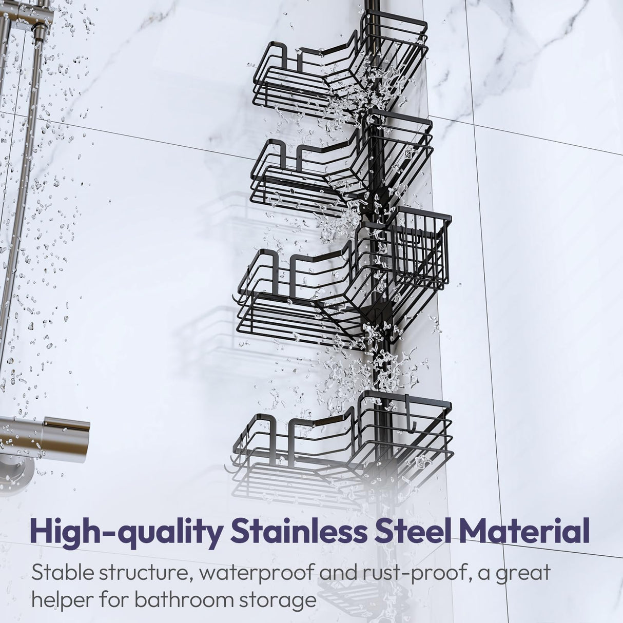 SWTYMIKI Shower Caddy Tension Pole - 4-Tier Corner Shower Organizer Tension Rod with Soap Holder, Toothbrush Holder & 4 Hooks, Adjustable Stainless Steel Bathroom Organizer 27.6 to 108.3 inch, Black SWTYMIKI