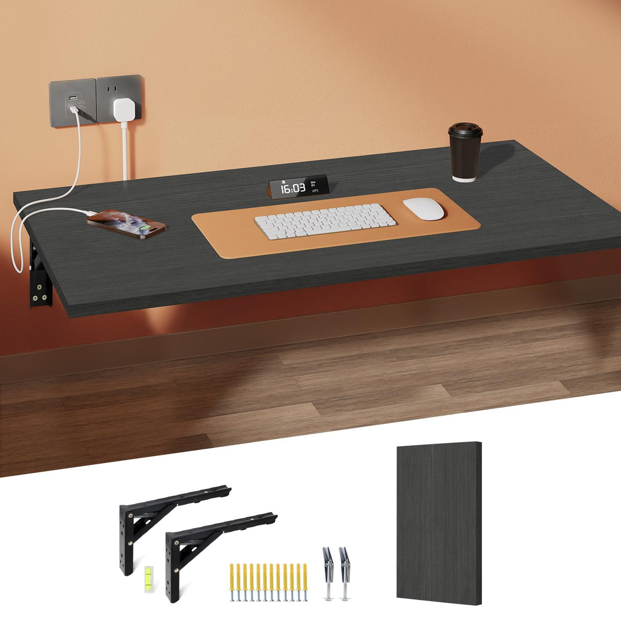 Wall Mounted Folding Table, Laundry Table Floating Countertop, with 40" x 20" Solid Wood Tabletop, Holds Up to 300 Lb for Small Spaces, Rv, Home Office, Garage, Basement Kitchen, Bar, Laptop Fistihon