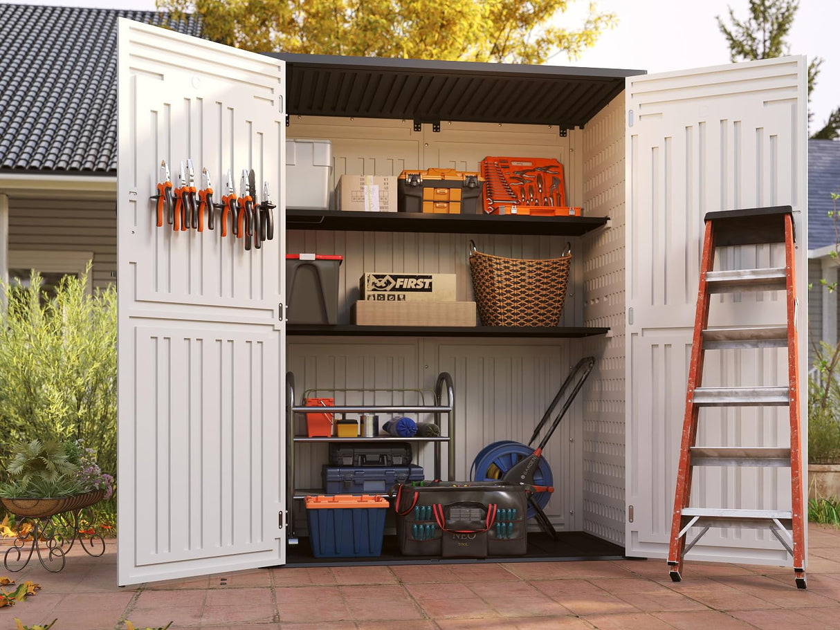 EHHLY Vertical Resin Storage Shed with 2 Shelves, 60 Cuft Garden Tool Sheds & Outdoor Storage, Plastic Outdoor Storage Cabinet Waterproof, 4.5 x 2.3 ft Backyard Outside Lawn Mower Storage Shed, White EHHLY