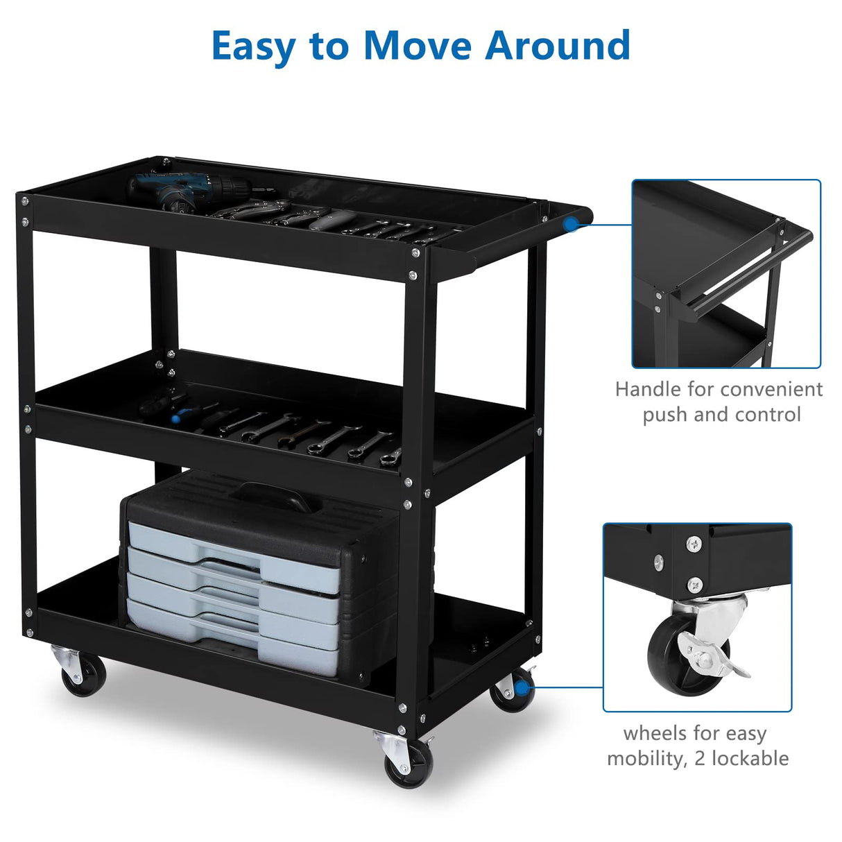 TUFFIOM 3 Tier Rolling Tool Cart, 330 Lbs Capacity, with Ergonomic Handle, Black TUFFIOM