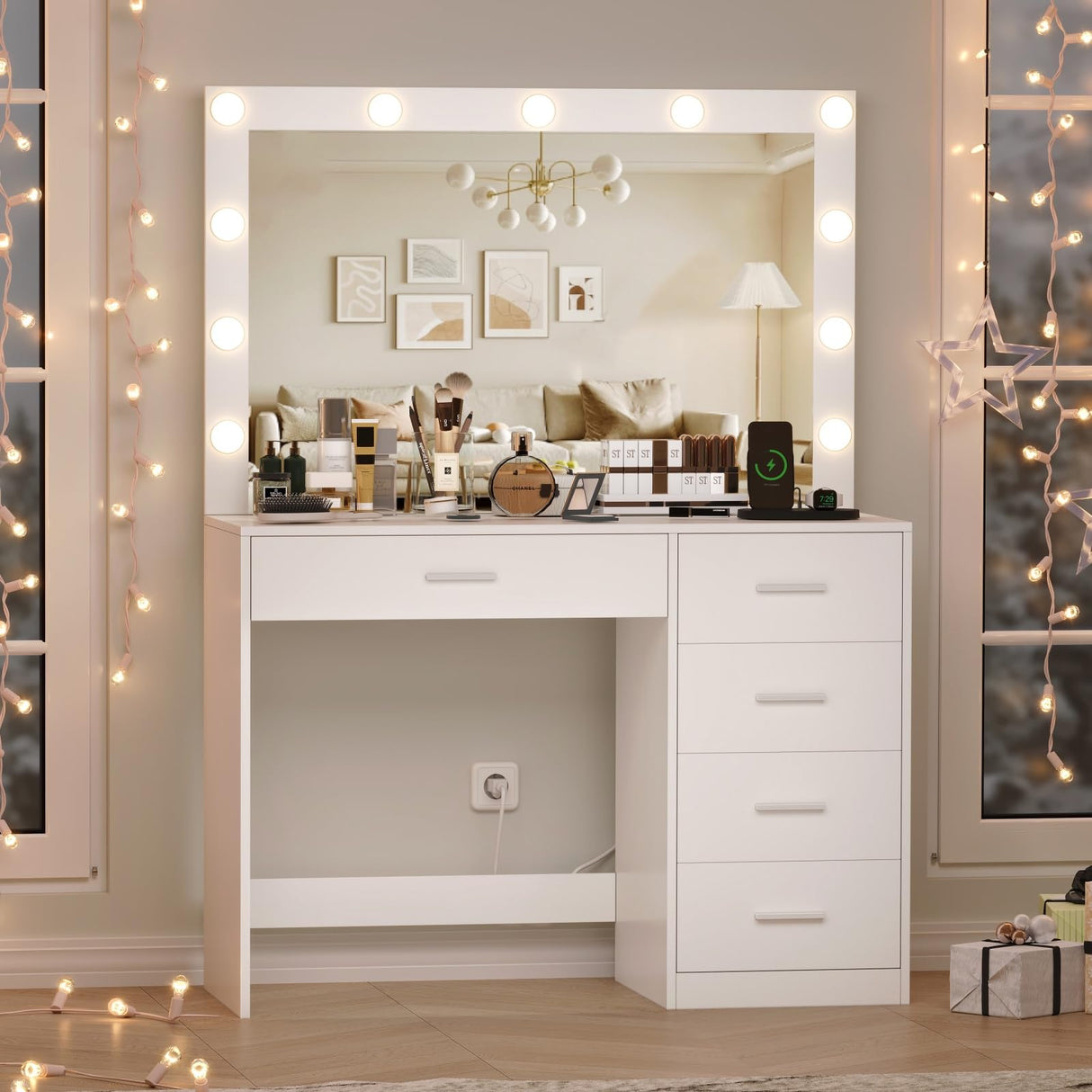 Irontar Vanity Desk with Charging Station, Makeup Table with Large Mirror, Makeup Vanity with Lights, Brightness Adjustable, Dressing Table Desk with 5 Drawers, Bedroom Vanity Table, White WDT010W Irontar