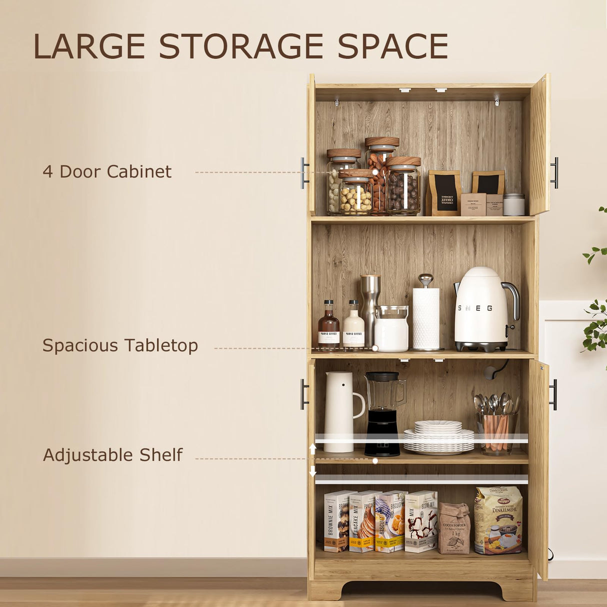 Hosnnile 71'' Kitchen Pantry Storage Cabinet, Farmhouse Rustic Freestanding Buffet Hutch Cupboard with 4 Doors + Open Top, Coffee Bar with 2 AC Outlets + 2 USB Charging Ports for Home, Kitchen Hosnnile