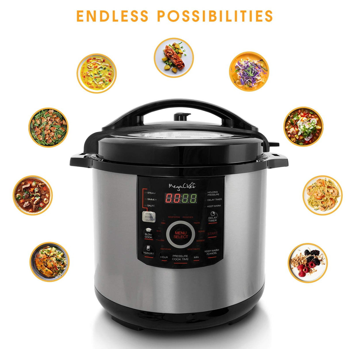 MegaChef 12 Quart Digital Pressure Cooker with 15 Preset Options and Glass Lid, Silver Megachef