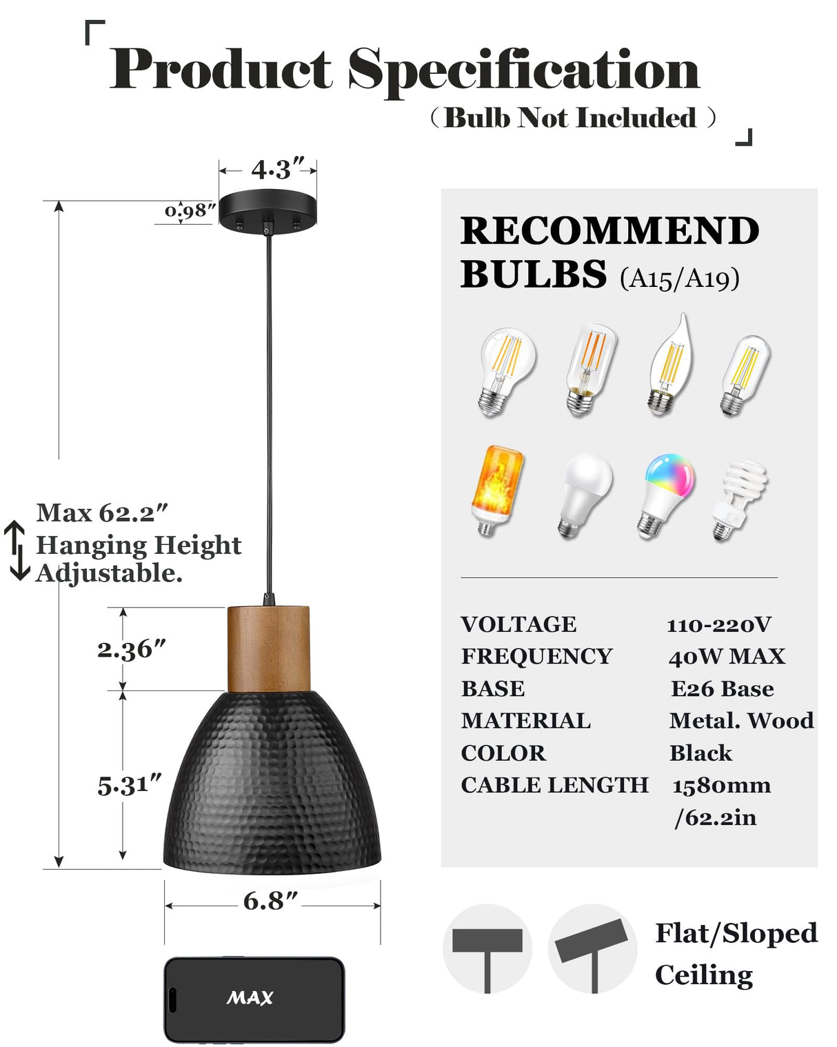 ELYONA Industrial Pendant Light, Solid Wood Hanging Lamp with 7” Hammered Metal Shade, Farmhouse Pendant Light Fixtures for Kitchen Island, Dining Room, Bedroom, Bar, Office, Modern Black, Small ELYONA