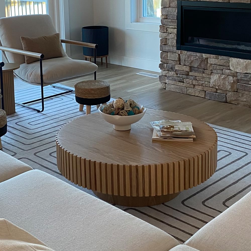 JURMALYN Round Coffee Table Wood Circle Coffee Table for Living Room Contemporary Fluted Coffee Table for Apartment, Easy Assembly ø31.49'', Wood Oak JURMALYN