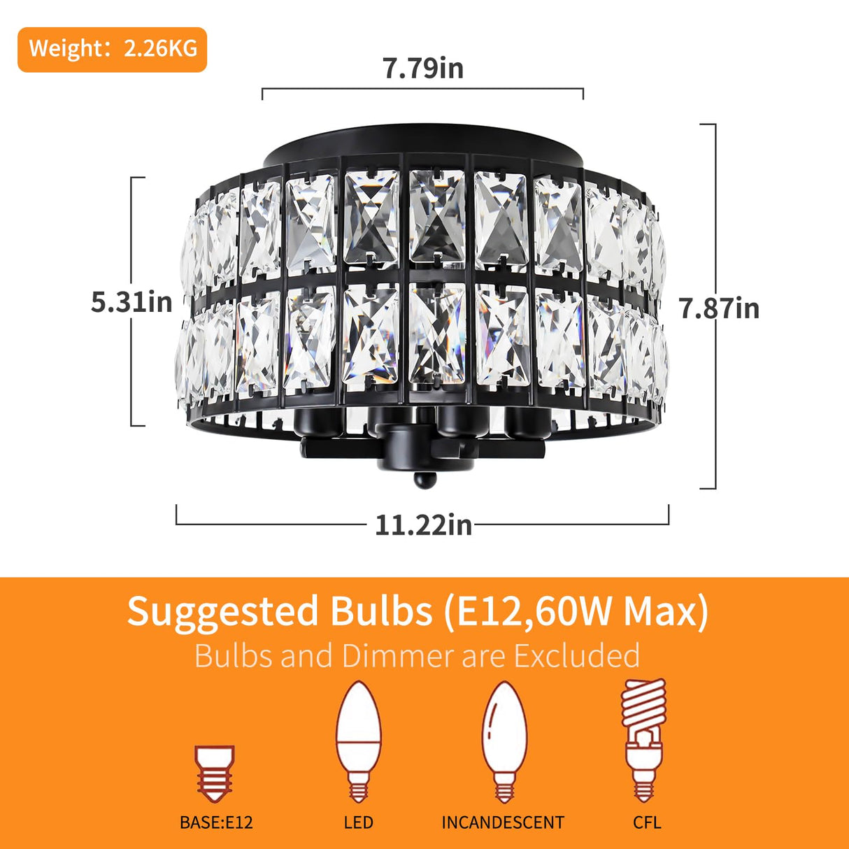 JWLUYN Black Crystal Flush Mount Ceiling Light, 4 Lights Black Dining Room Light Fixtures with E12 Base, Modern Close to Ceiling Light Fixture for Bathroom, Hallway, Kitchen, Bedroom, Entryway JWLUYN