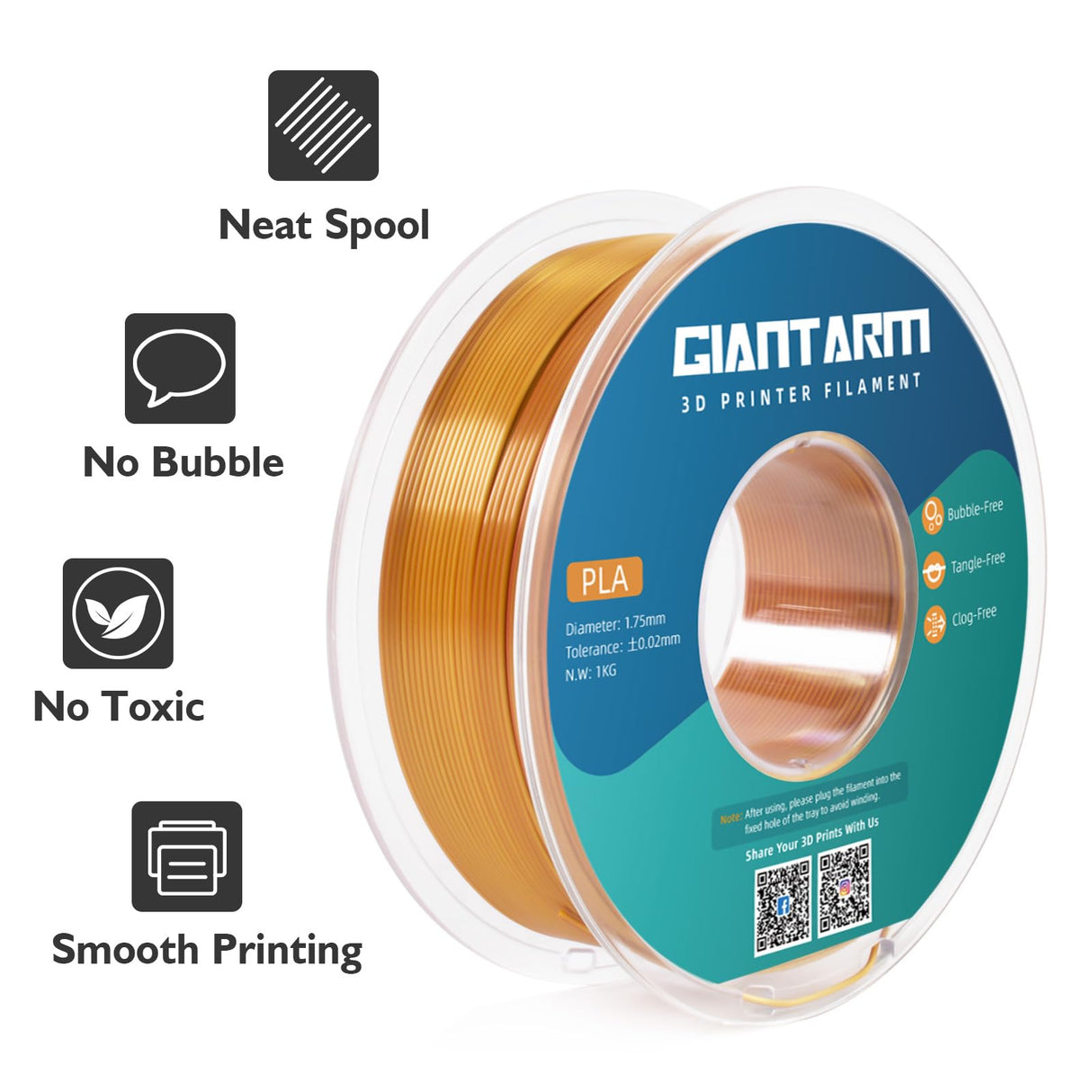GIANTARM Dual Color PLA Filament, Silk PLA Filament 1.75mm +/-0.02mm,1KG Spool(2.2lbs) Vacuum Packaging, 3D Printing Filaments Fit Most FDM Printer GIANTARM