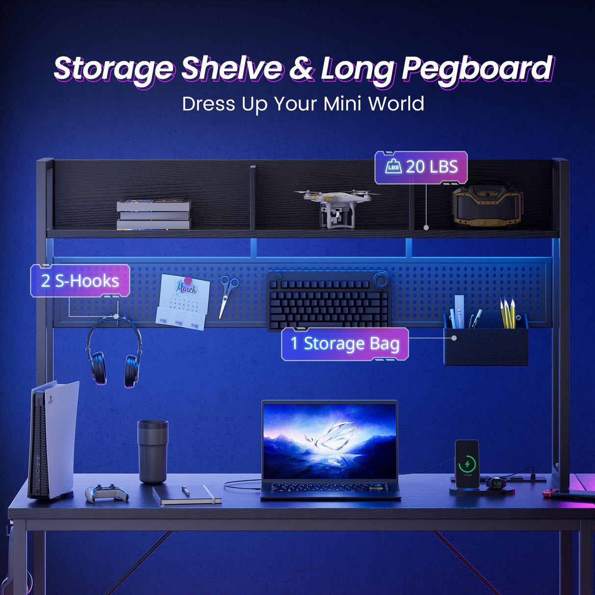 DOMICON Gaming Desk Computer Desk with Storage, L Shaped Desk with Power Outlet & LED Strip, Office Desk with Pegboard, Corner deck for Home Office Black DOMICON