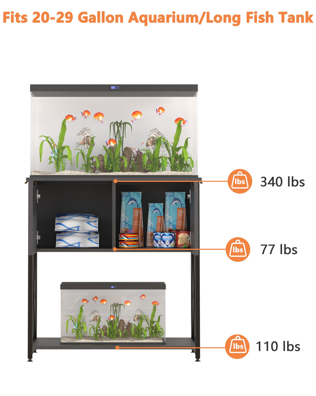 Piskyet 20-29 Gallon Fish Tank Stand, Metal Frame Aquarium Stand, Cabinet for Fish Tank Accessories Storage,Suitable for Turtle Reptile Tank Stand Terrarium Stand,340Lbs,Black Piskyet