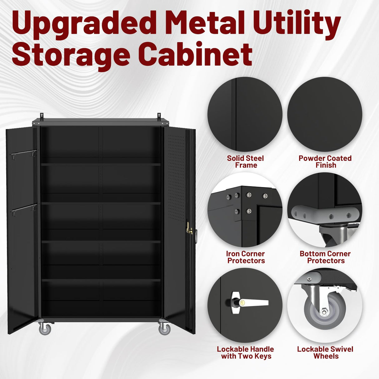 Reykilor Tall & Wide Metal Garage Storage Cabinet with 4 Adjustable Shelves, 43''W x 22''D x 72''H with Wheels & Pegboards, Heavy Duty Lockable Garage Cabinet for Warehouse, Basement, Office, Gym Reykilor