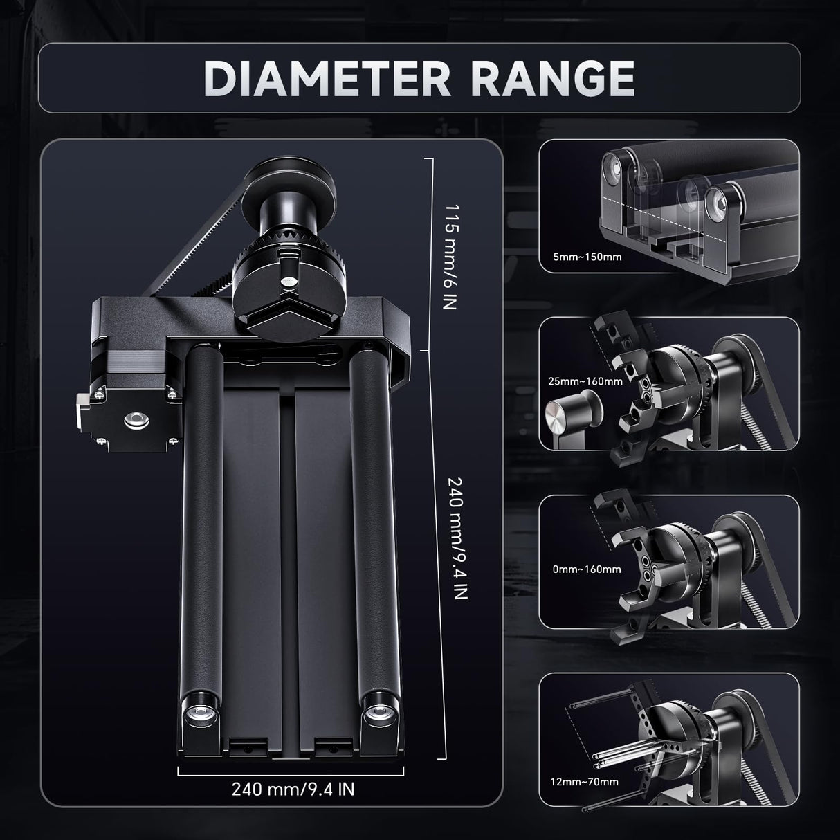 YOOPAI D1 4-in-1 Laser Rotary Roller, Suitable for Most Frame-Type Laser Engraving Machines, with 2 Types of Claws and Pins, Used to Engrave Cylindrical, Spherical, Ring-Shaped Objects YOOPAI