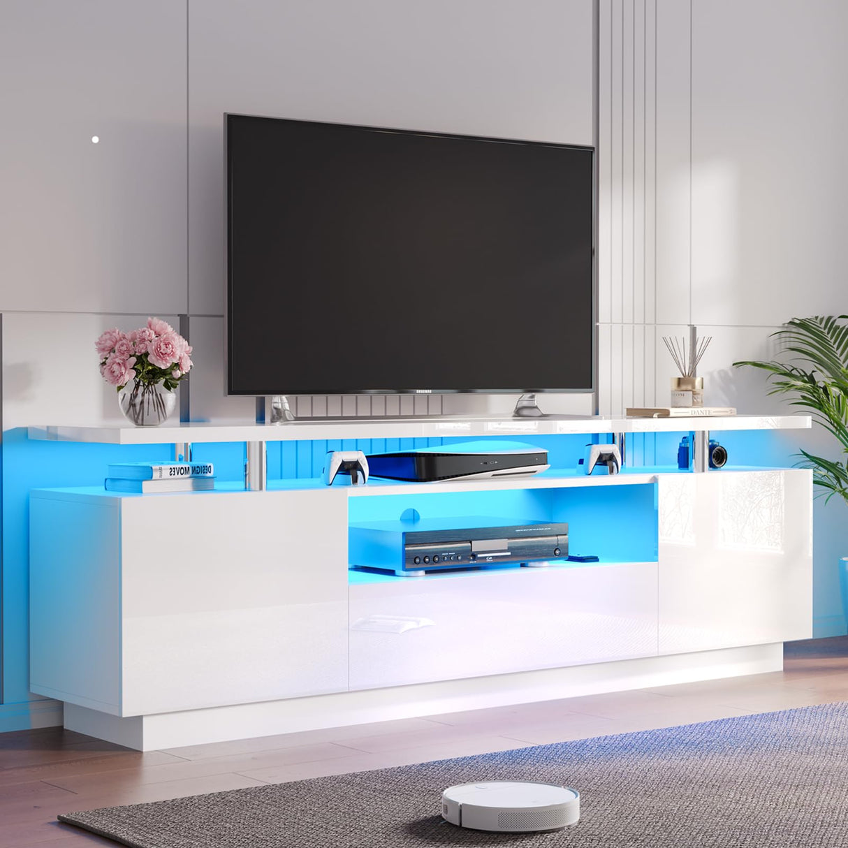 LUXOAK 70in LED TV Stand, Modern Entertainment Center with Open Storage Shelves and Drawer for TVs Up to 80", High Gloss Media for Living Room, Bedroom, Gaming Room, White LUXOAK