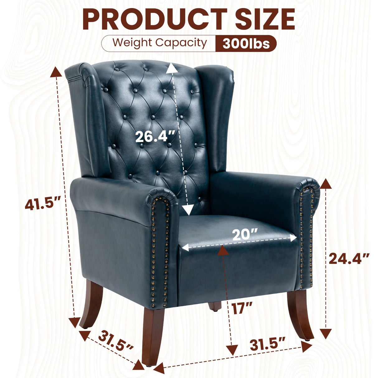 LOVSPATIO PU Leather Accent Chair Set of 2, Modern Upholstered Living Room Chair Sofa Chair with Wooden Legs, Wingback Armchair Club Chair for Bedroom,Study Room, Lounge (Dark Blue) LOVSPATIO